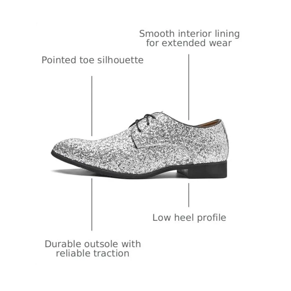 Glitter Derby Shoes Mens 10 Silver Pointed Toe Formal Party Statement Glam